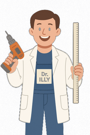 Dr. ILLY – 2D-Illustration mit Bohrer und Maßstab